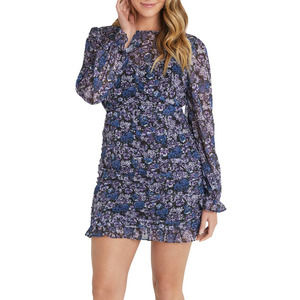Vici Floral Ruched Long Sleeve Minidress Blue Black Women's Size Medium